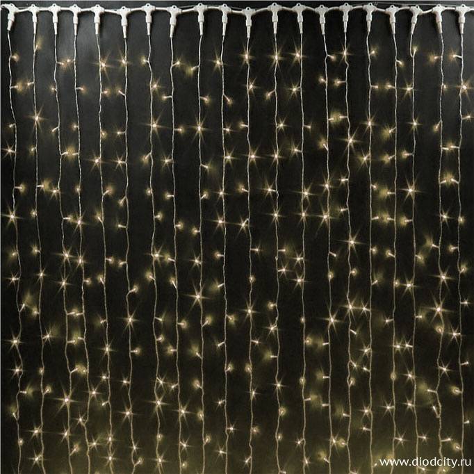 Светодиодный дождь (занавес) мерцающий 2х2 теплые белые диоды, белый провод