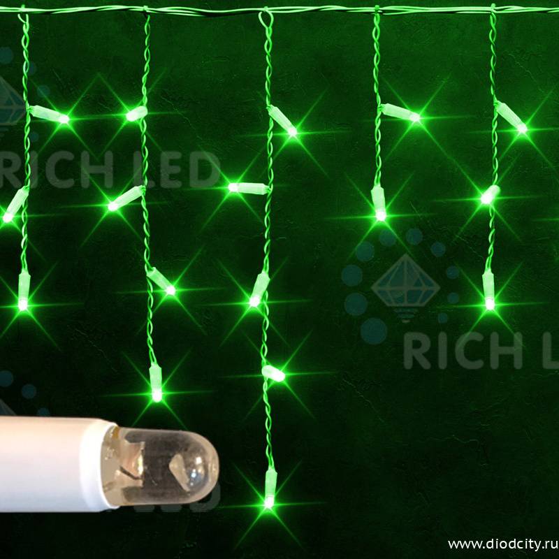 Светодиодная бахрома Rich LED 3х0.5 м, IP65, прозрачный провод, зеленая