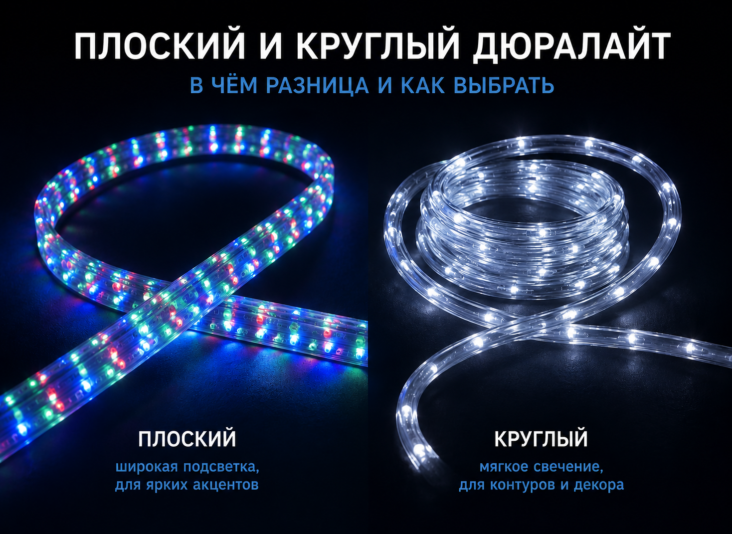 Круглый и плоский дюралайт: чем отличаются и где применять Круглый и плоский дюралайт: чем отличаются и где применять