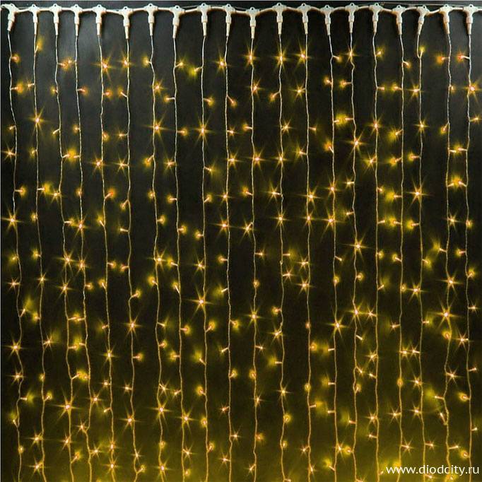 Светодиодный дождь (занавес) мерцающий 2х3 желтые диоды, белый провод