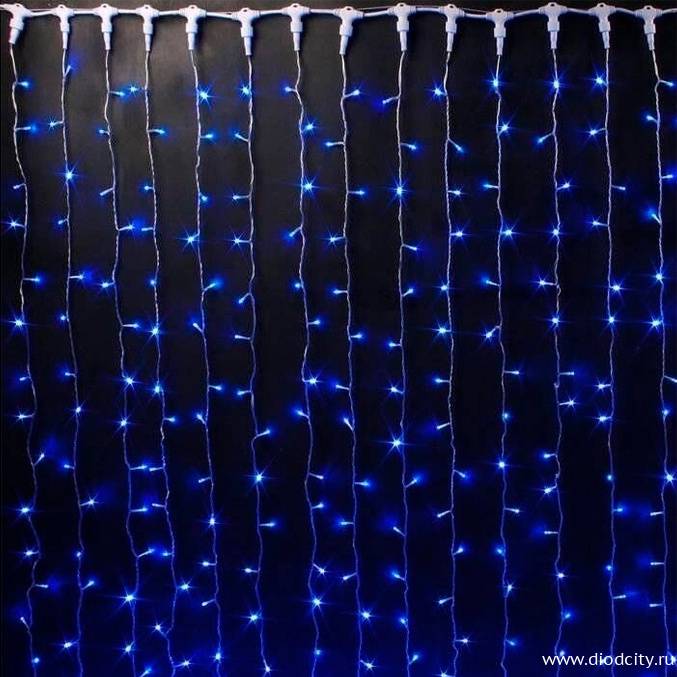 Светодиодный дождь (занавес) мерцающий 2х3 синие диоды, белый провод
