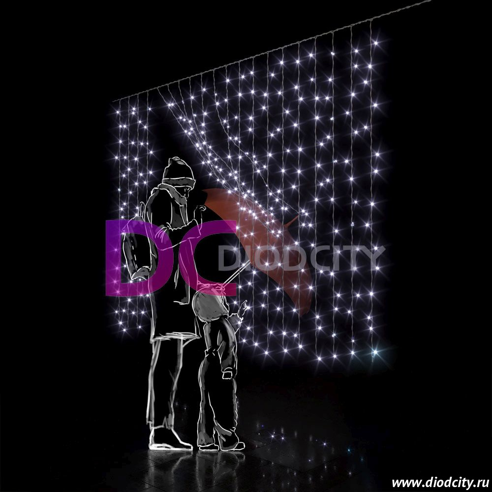 Светодиодный дождь(занавес) 2х2 холодный белый, прозрачный провод, IP54