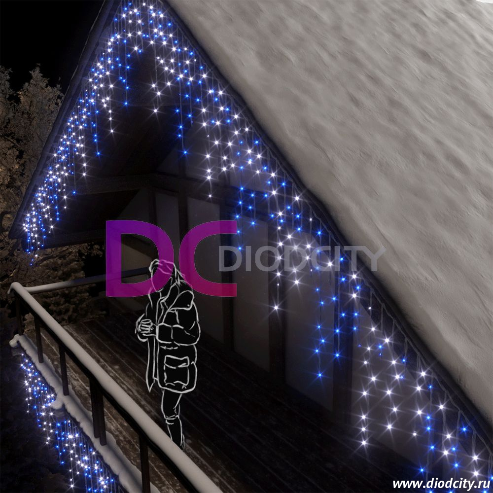 Световая бахрома 3*0.9 м, герметичный колпачок, мерцающая, синий/белый IP65