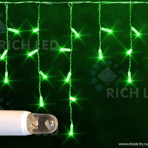 Светодиодная бахрома Rich LED 3х0.5 м, IP65, прозрачный провод, зеленая