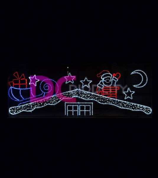 Световое панно "Дед мороз на крыше" 520х180 см