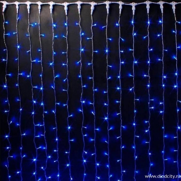Светодиодный дождь (занавес) мерцающий 2х3 синие диоды, белый провод