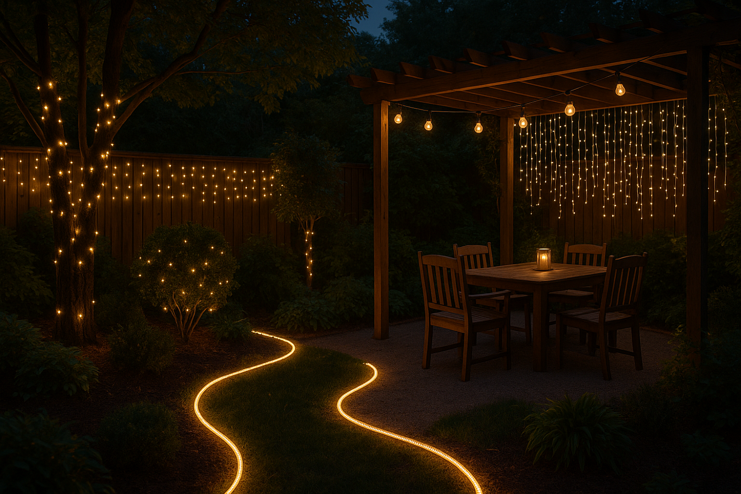 Идеи украшения сада и двора гирляндами