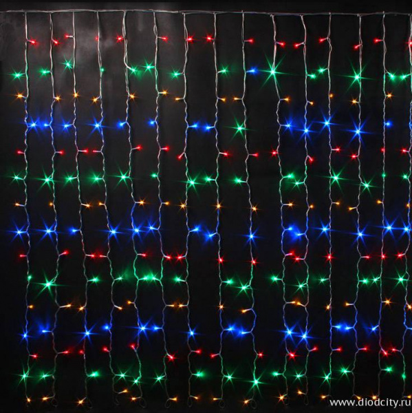 Светодиодный дождь (занавес) мерцающий 2х3 мульти диоды, белый провод